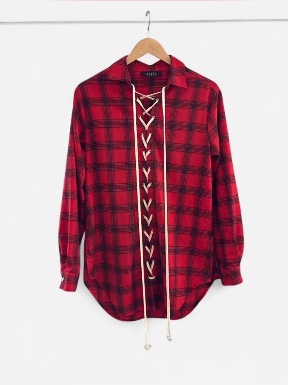 AKIRA mini dress/shirt Red Black Plaid size S Lace-Up boho coquette